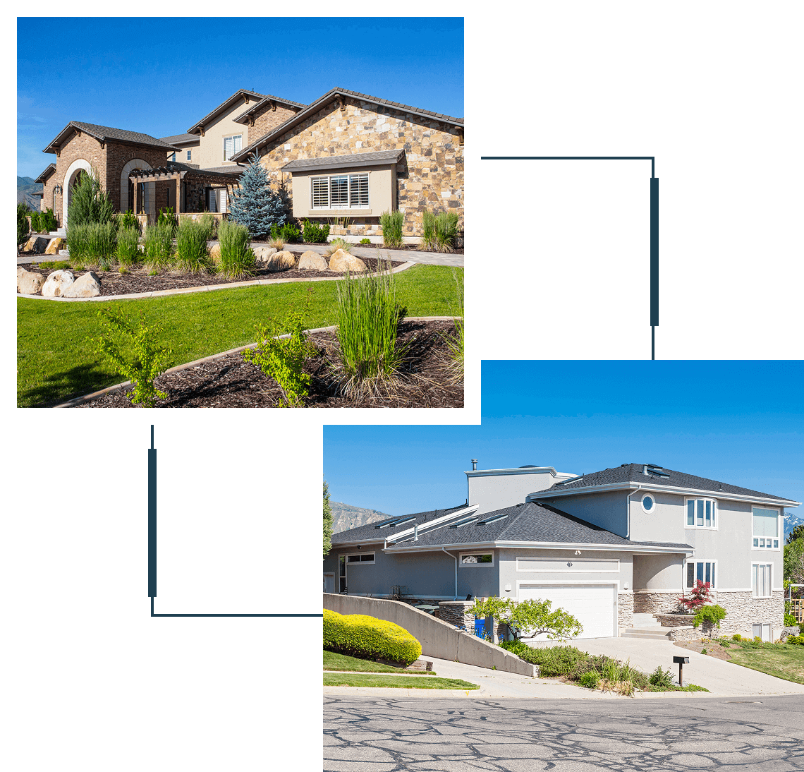 Two modern suburban houses with landscaped gardens.