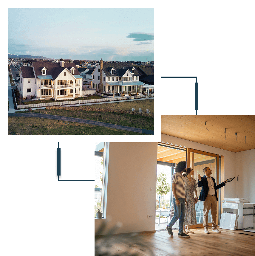 Houses and people viewing an interior space.