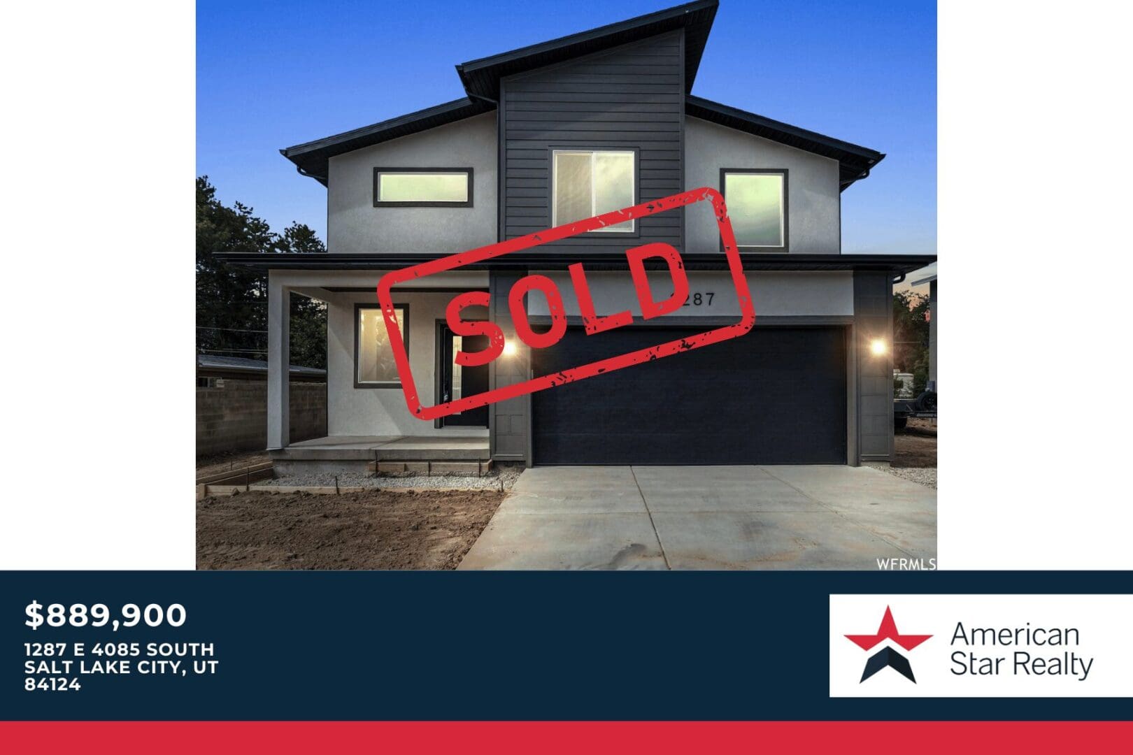 Modern house with "Sold" sign overlay.