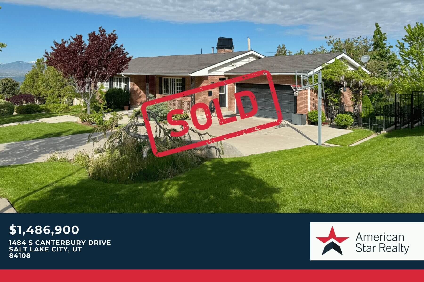 House with "Sold" sign and price displayed.
